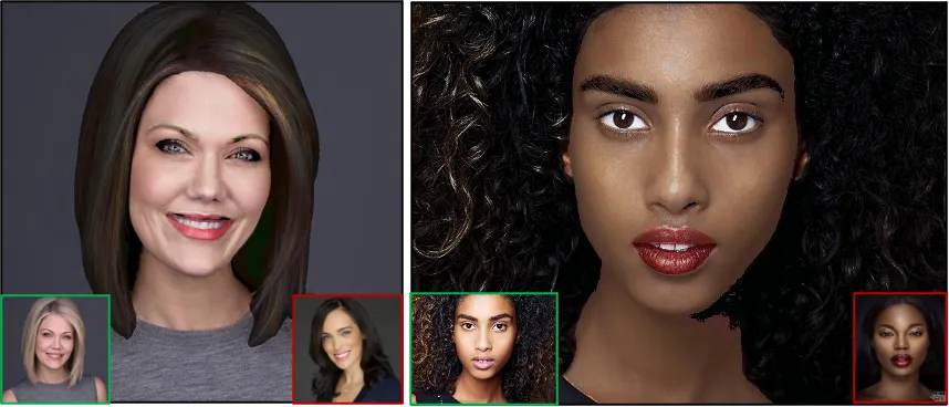 Colour transfer on skin, eyes, lips, hair and eyebrows. Results (black), source (red), target (green).
